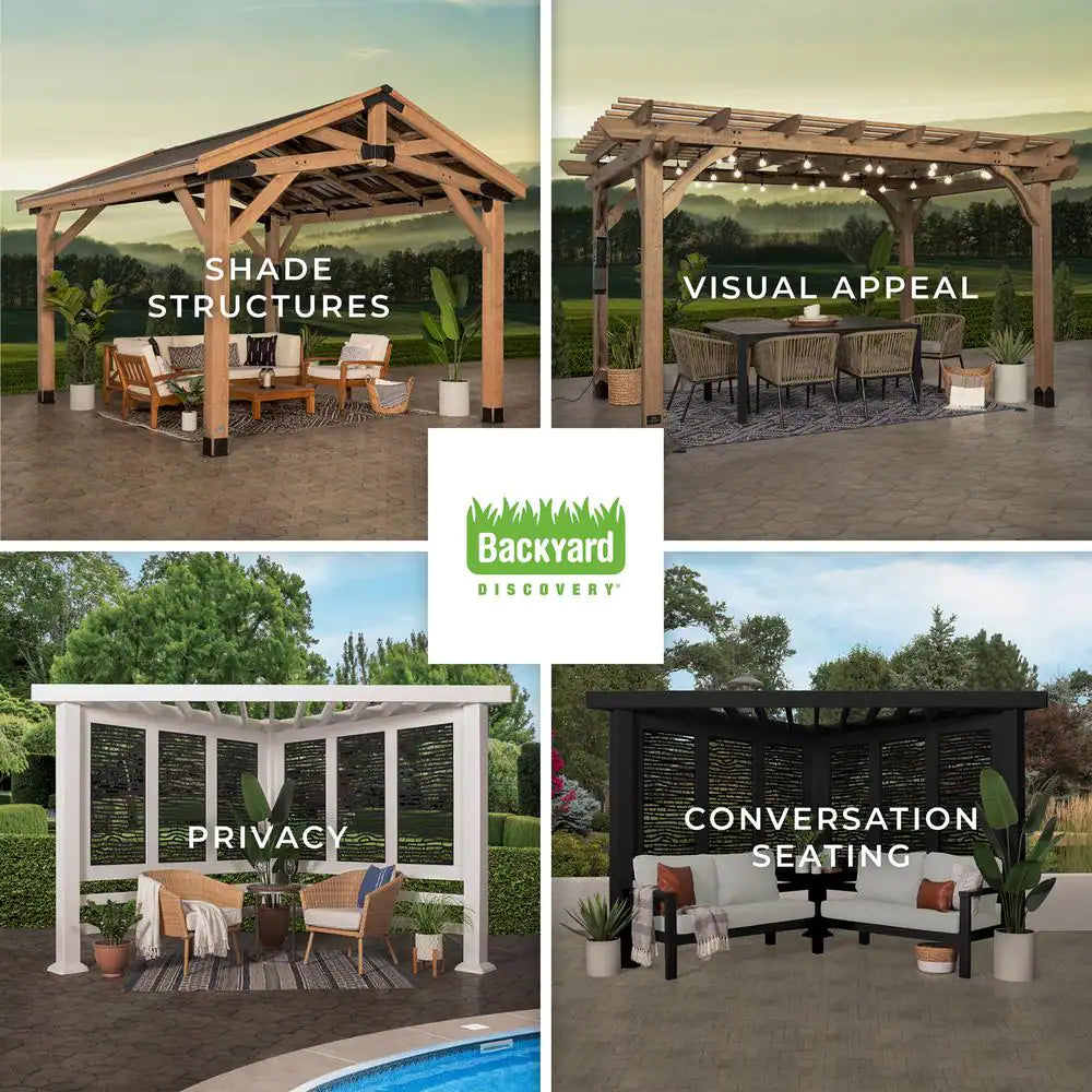 Tuscany 9 Ft. X 9 Ft. Light Brown Wooden Cabana Pergola with Bamboo Privacy Panels and Pumice Conversation Seating