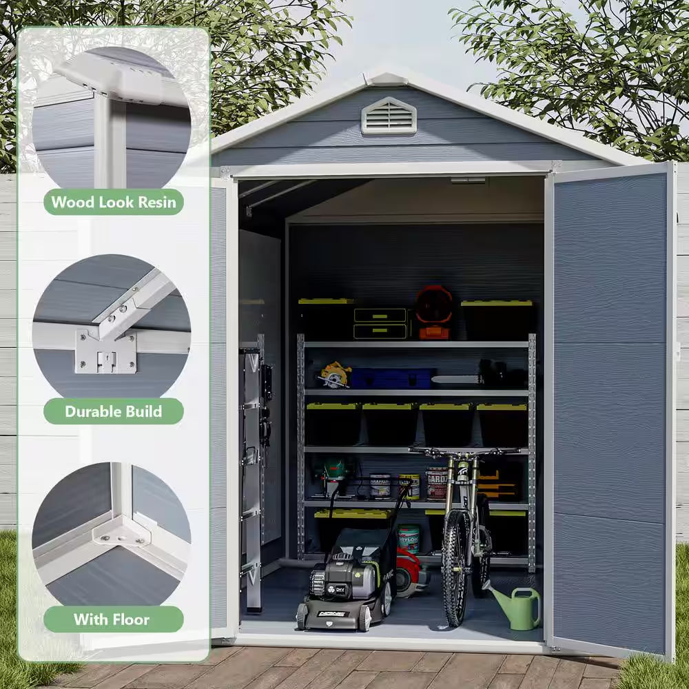 8 Ft. W X 6.5 Ft. D Outdoor Gray Resin Storage Plastic Shed with Lockable Door and Floor(52 Sq. Ft.)