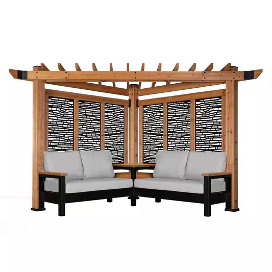 Tuscany 9 Ft. X 9 Ft. Light Brown Wooden Cabana Pergola with Bamboo Privacy Panels and Pumice Conversation Seating