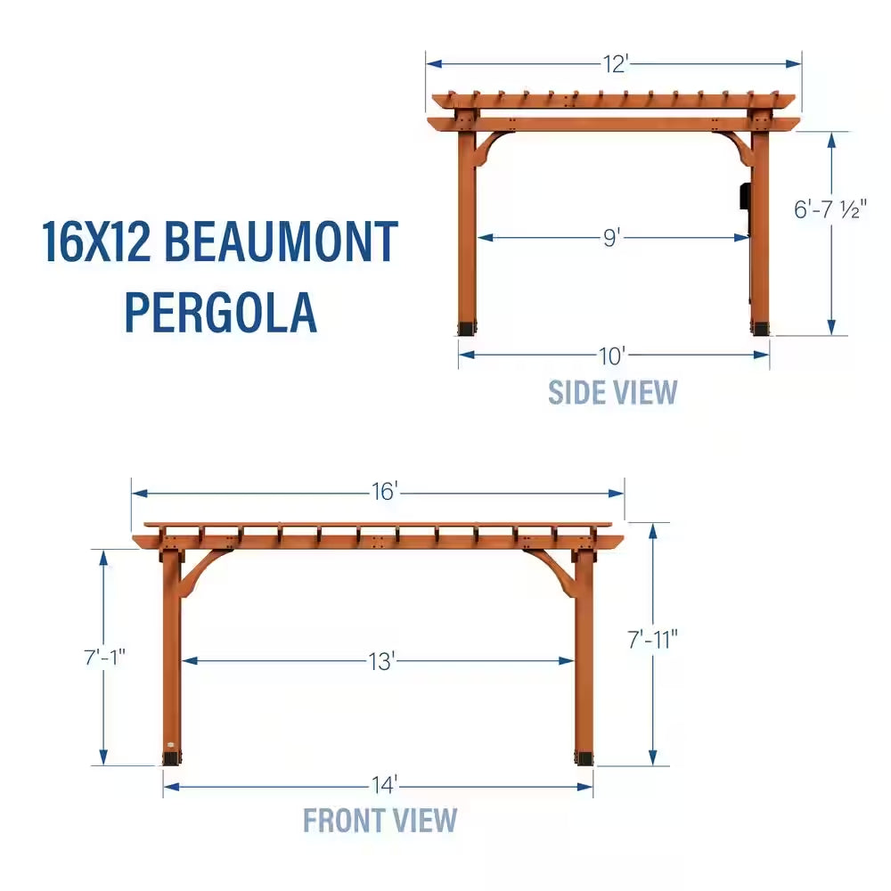 Beaumont 16 Ft. X 12 Ft. Light Brown Traditional Outdoor All Cedar Wood Patio Pergola Shade Structure with Electric