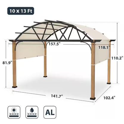 10 Ft. X 13 Ft. Wood Grain Aluminum Outdoor Pergola with Arched Canopy and Beige Retractable Shade