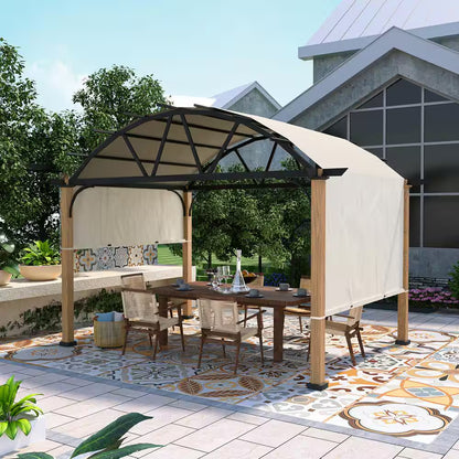 10 Ft. X 13 Ft. Wood Grain Aluminum Outdoor Pergola with Arched Canopy and Beige Retractable Shade