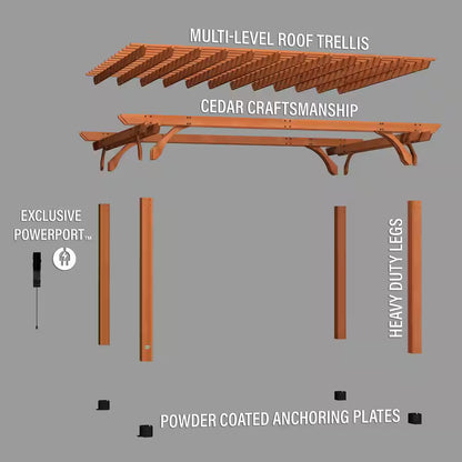 Beaumont 16 Ft. X 12 Ft. Light Brown Traditional Outdoor All Cedar Wood Patio Pergola Shade Structure with Electric