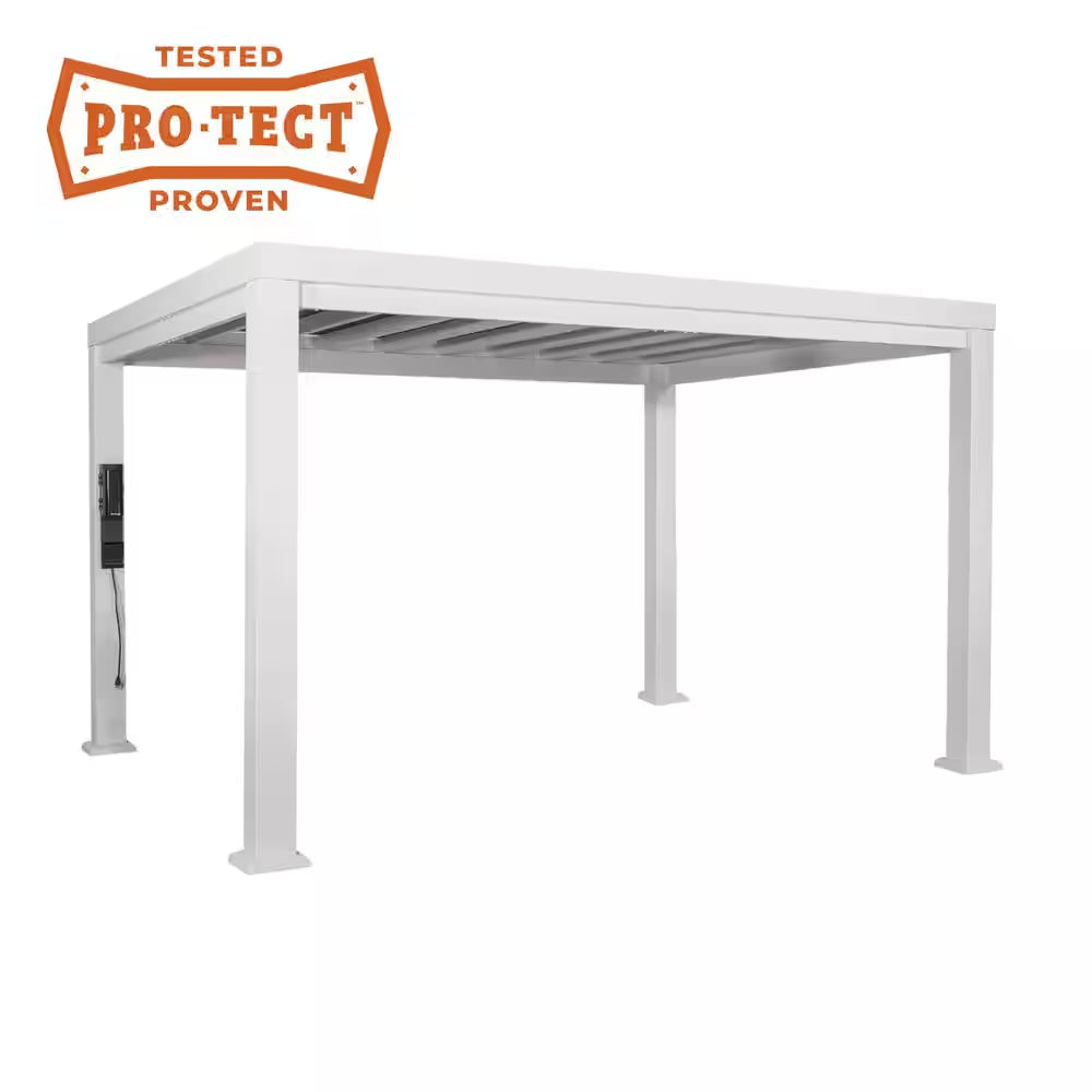 Windham 12 Ft. X 10 Ft. White Powder Coated Galvanized Steel Metal Modern Pergola W/ Sail Shade Soft Canopy and Electric