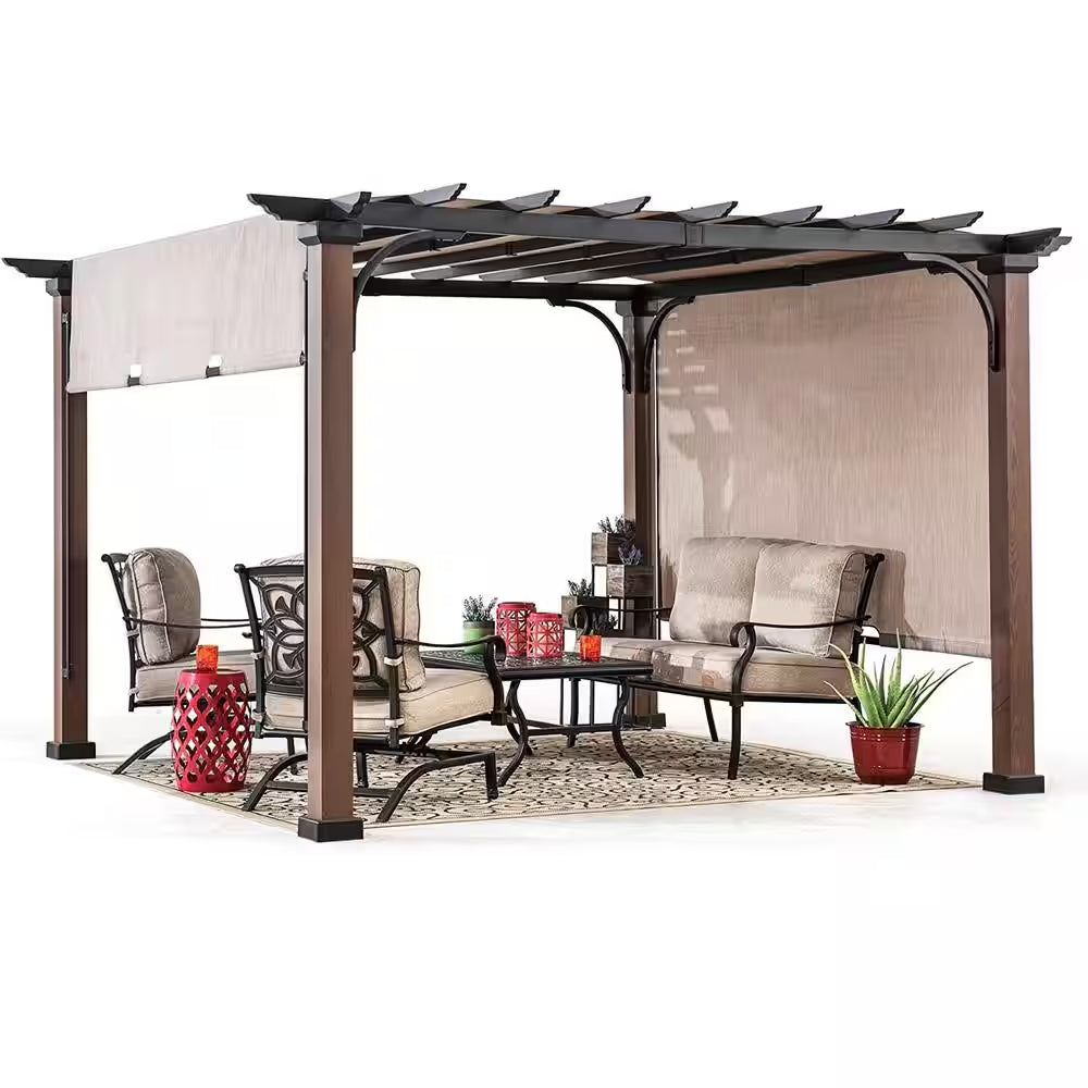 Neuralia 11 Ft. X 11 Ft. Steel Pergola with Natural Wood Looking Finish and Adjustable Tan Shade