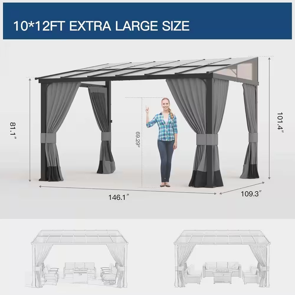 10 Ft. X 12 Ft. Gray Hardtop Sloping Pitched Roof Gazebo with Curtain Grey
