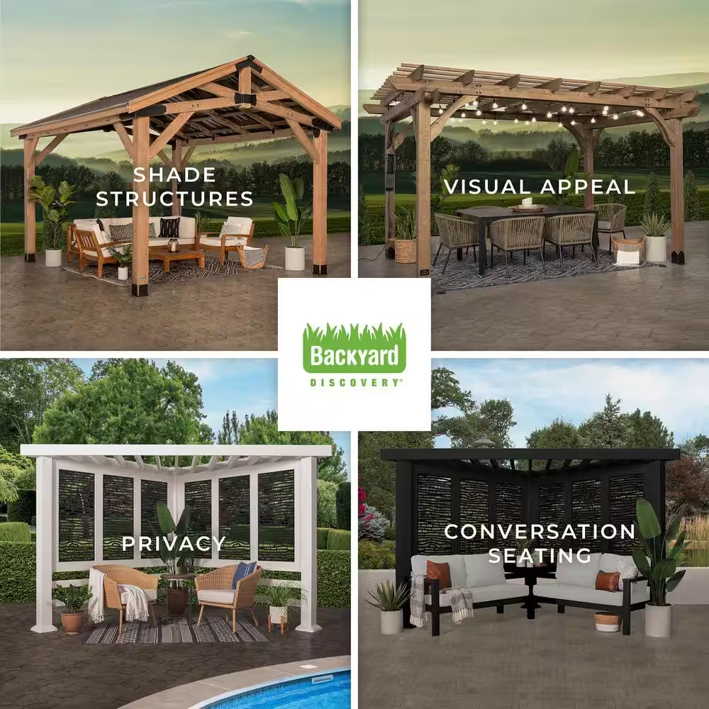 Tuscany 9 Ft. X 9 Ft. Light Brown Wooden Cabana Pergola with Bamboo Privacy Panels and Indigo Conversation Seating