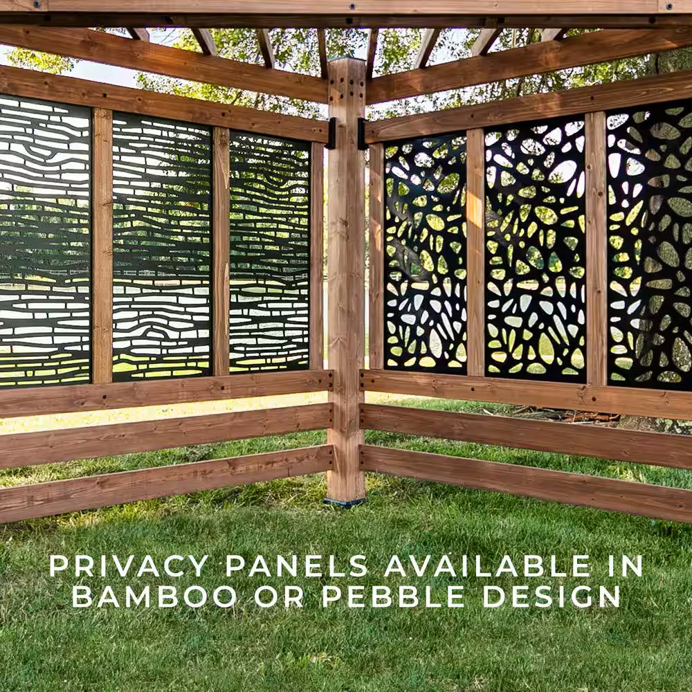 Tuscany 9 Ft. X 9 Ft. Light Brown Wooden Cabana Pergola with Bamboo Privacy Panels and Indigo Conversation Seating