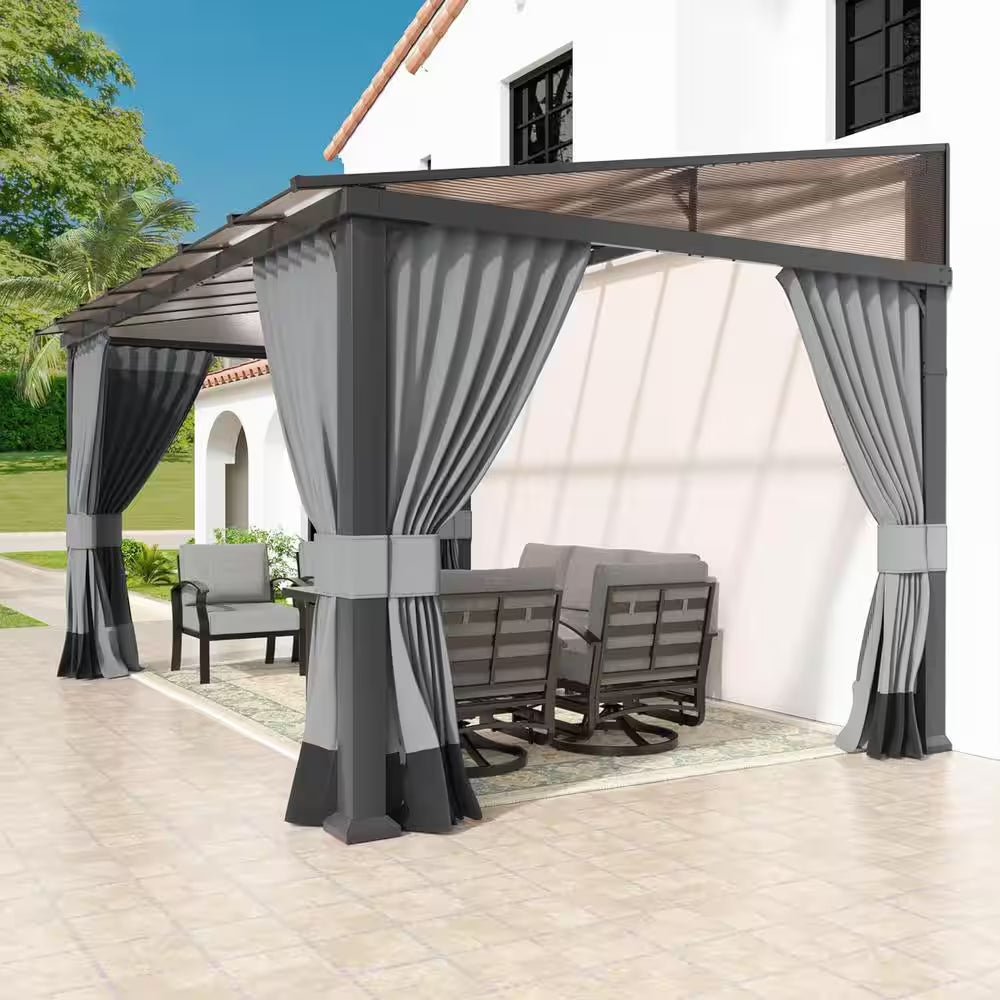 10 Ft. X 14 Ft. Gray Hardtop Sloping Pitched Roof Gazebo with Curtain Grey