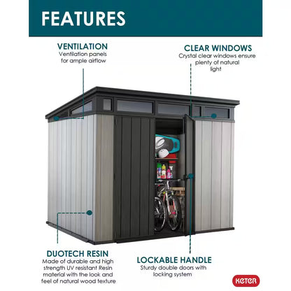 Artisan 9 Ft. W X 7 Ft. D Grey Large Modern Durable Resin Plastic Storage Shed with Double Doors (64.9 Sq. Ft.)
