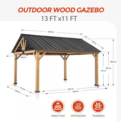 13 Ft. W X 11 Ft. D Solid Wood Patio Gazebo, Cedar Framed Outdoor Pavilion Cabana, Black