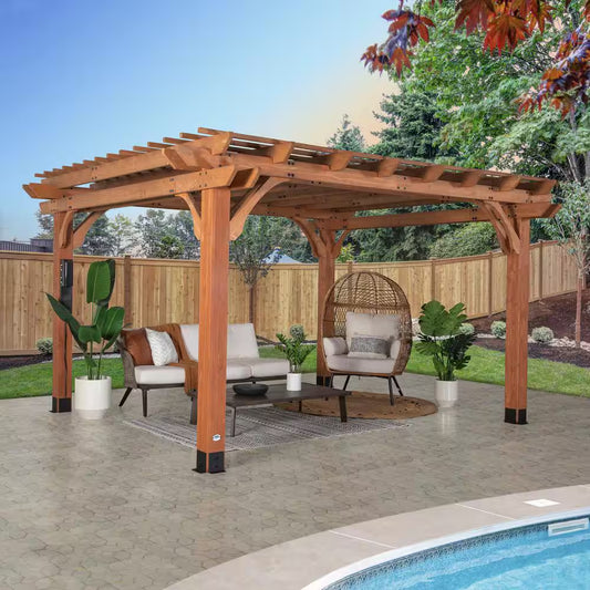 Beaumont 14 Ft. X 12 Ft. Light Brown Traditional Outdoor All Cedar Wood Patio Pergola Shade Structure with Electric